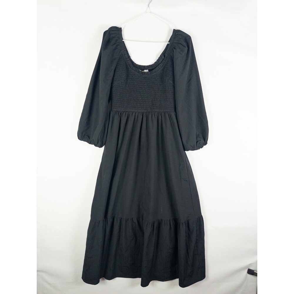 Pomander Place Smocked Tiered Midi Dress Womens S Black Puff Sleeve Cottagecore